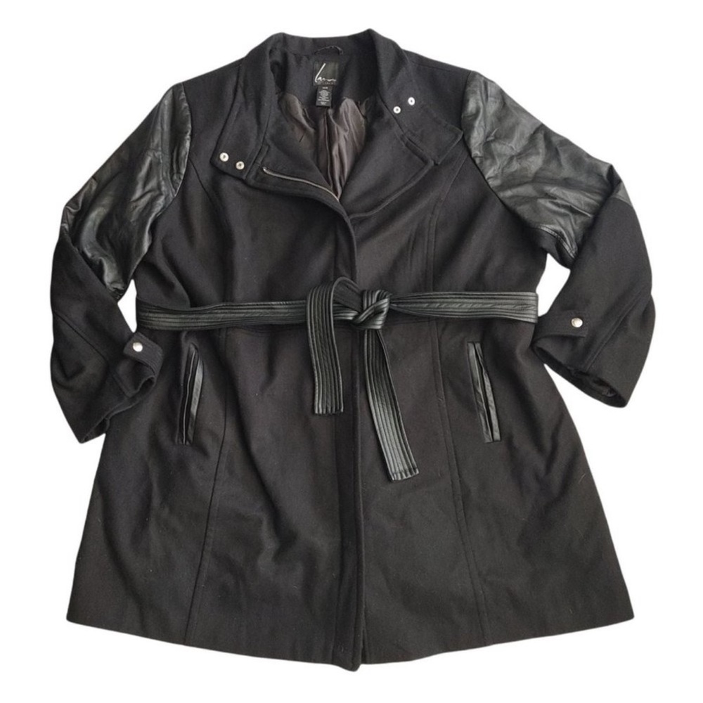 Lane Bryant Black Wool-Blend Trench Coat with Faux Leather Accents-Size 26-28